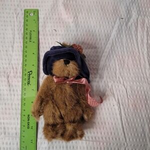 Boyds Collection Teddy Bear Plush Brown Mohair Style Blue Hat Pink Ribbon 8 inch